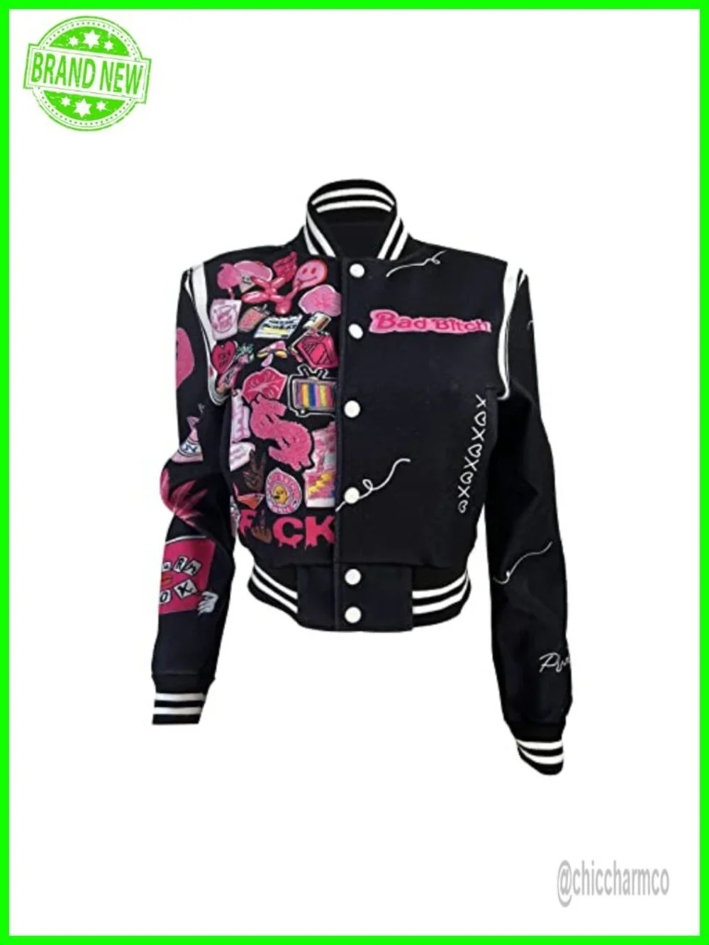 Vintage Cropped Varsity Jacket Women Letterman Patch Striped Hem Casual Coat